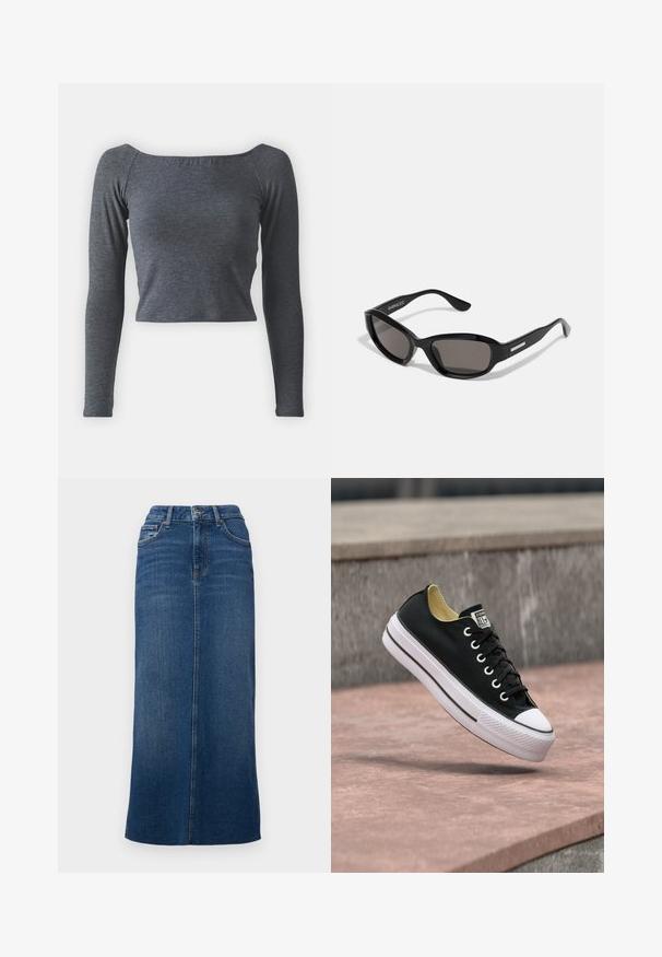 Top gris de manga larga y cropped, hecho de una tela suave con escote cuadrado y un diseño ajustado. Sin patrones ni adornos visibles.; Falda midi de mezclilla en azul oscuro, con corte recto, cinturilla con pasadores para cinturón y una apertura central en la parte posterior para mayor facilidad de movimiento.; Zapatilla negra de corte bajo con suela y puntera de goma blanca, situada sobre una superficie de hormigón rosa cerca de un banco de piedra gris.; Gafas de sol negras con montura rectangular, lentes oscuros, material de plástico suave y un acento metálico en la patilla.