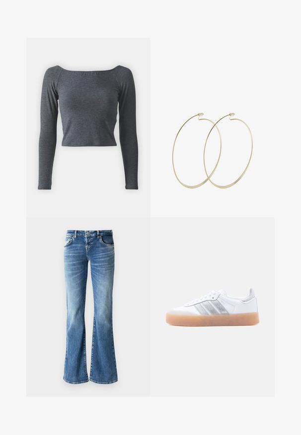 Grijze, langmouwige, cropped top van zachte stof met een vierkante halslijn en een aansluitende pasvorm. Geen zichtbare patronen of versieringen.; Lichtblauwe denim flared jeans met een vervaagde wassing, vijf zakken, gestikte details en een rits met knopsluiting.; Witte lage sneaker met gumzool, zilverkleurige gestreepte zijkanten en veterluiting, afgebeeld tegen een effen lichte achtergrond.; Pilgrim Oorbellen - gold-coloured