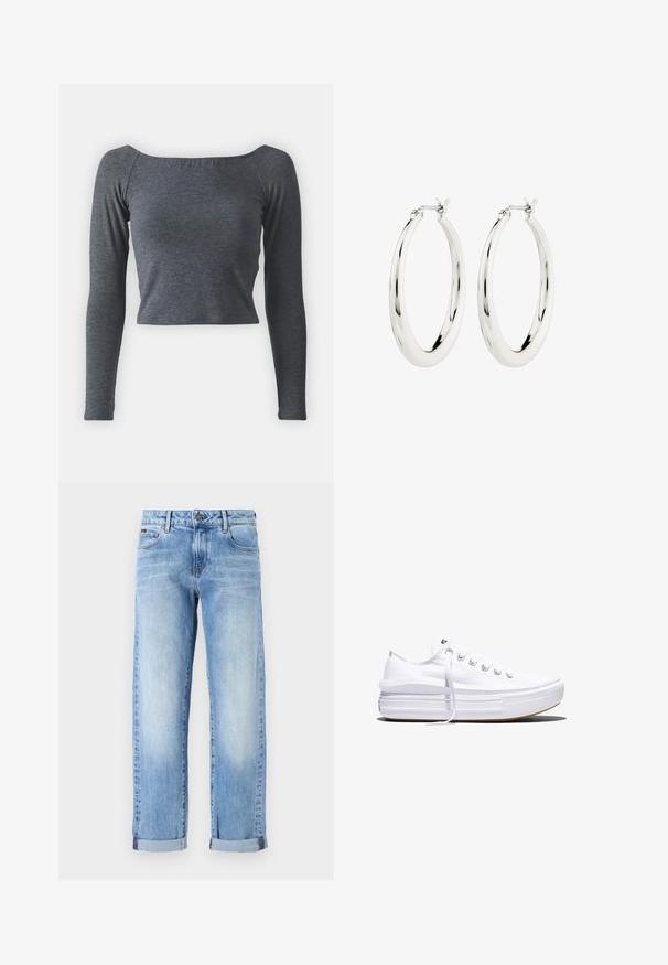 Grå, langærmet, cropped top lavet af blødt stof med firkantet halsudskæring og tætsiddende design. Ingen synlige mønstre eller udsmykninger.; Lyseblå denimjeans med opsmøgede ben, frontknap og lynlås, samt klassisk femlommesdesign på en hvid baggrund.; Hvid lavt snørestøvle med tyk plateau-sål, snørelukning foran og gummiforstærket tåkap, set i sideprofil.; Sølvøreringe i form af hoops med en glat, blank finish. Cirkulær form, der har en sikker lås. Simpelt og elegant design.
