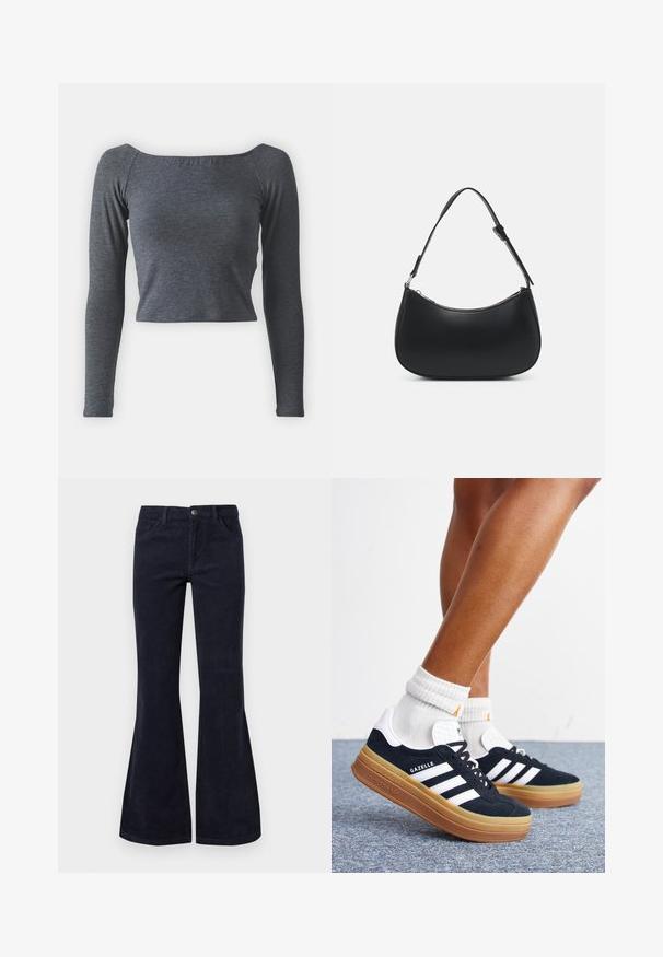Top gris de manga larga y cropped, hecho de una tela suave con escote cuadrado y un diseño ajustado. Sin patrones ni adornos visibles.; Pantalones de pana azul oscuro de corte acampanado con cintura alta, cinco bolsillos y cierre de botón, presentan una textura suave y un patrón de superficie acanalado.; Piernas con calcetines blancos y zapatillas Adidas Gazelle negras con rayas blancas y suelas marrones gruesas sobre un suelo alfombrado gris.; Pieces PCALUANA SHOULDER BAG - Bolso de mano - black