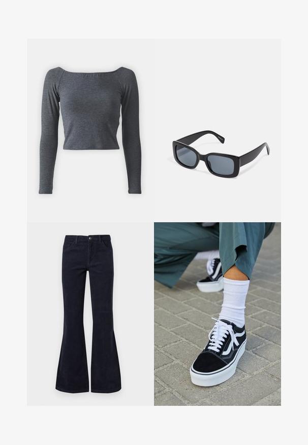 Top gris de manga larga y cropped, hecho de una tela suave con escote cuadrado y un diseño ajustado. Sin patrones ni adornos visibles.; Pantalones de pana azul oscuro de corte acampanado con cintura alta, cinco bolsillos y cierre de botón, presentan una textura suave y un patrón de superficie acanalado.; Zapatillas de ante negro con acentos y cordones blancos, que cuentan con una gruesa suela blanca y costuras en contraste, combinadas con un calcetín blanco.; Gafas de sol rectangulares negras con lentes oscuros, montura de plástico grueso y patillas anchas. Superficie lisa y diseño anguloso.