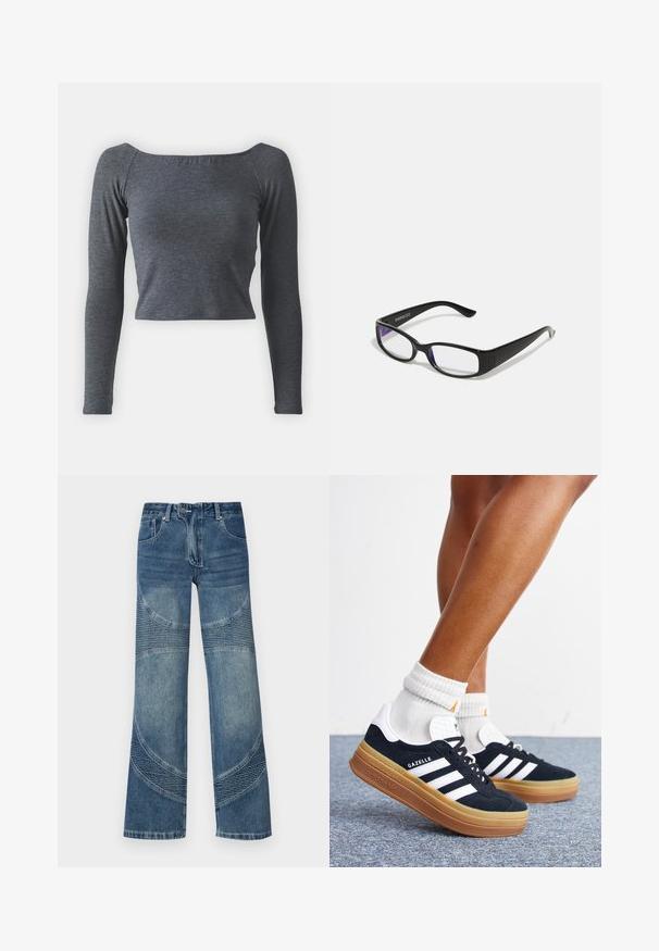 Grijze, langmouwige, cropped top van zachte stof met een vierkante halslijn en een aansluitende pasvorm. Geen zichtbare patronen of versieringen.; Hoge taille blauwe denim jeans met brede pijpen, voorzien van gebogen naaddetails en ribbelsecties aan de onderkant. Casual stijl.; Ben met witte sokken en zwarte Adidas Gazelle sneakers met witte strepen en dikke bruine zolen op een grijs tapijt.; Zwarte rechthoekige bril met heldere glazen. Glanzende afwerking, smalle veren en paarse tint zichtbaar aan de randen van de glazen.