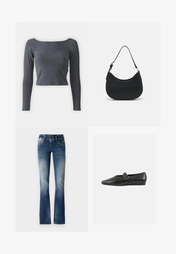 Grå, langærmet, cropped top lavet af blødt stof med firkantet halsudskæring og tætsiddende design. Ingen synlige mønstre eller udsmykninger.; Blå denim flared jeans med en let falmet vask, to-knaps lukning og dekorativ broderi på forlommerne.; Sorte læder flade sko med spidse tæer, prydet med en metallisk spænde over vristen og en lav, fleksibel sål.; Sort hobo taske lavet af glat læder med en buet silhuet, der har en enkelt justerbar skulderrem og minimalistiske designdetaljer.