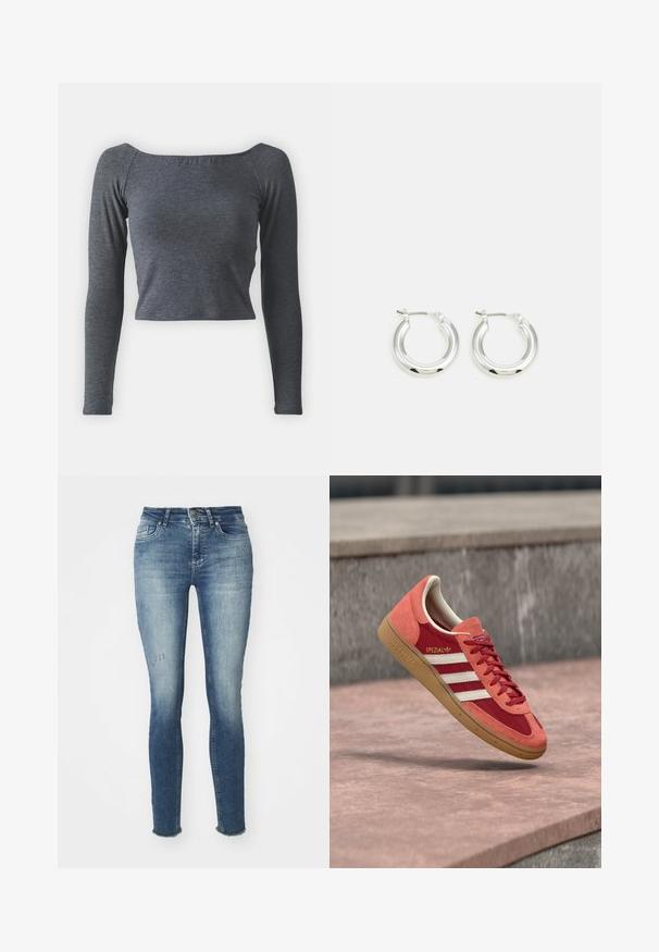 Grijze, langmouwige, cropped top van zachte stof met een vierkante halslijn en een aansluitende pasvorm. Geen zichtbare patronen of versieringen.; Skinny blauwe jeans van denim, met een vervaagde wassing, lichte beschadigingen aan de voorkant en rafelige zomen bij de enkels.; Rode en oranje Adidas Spezial sneaker met witte strepen en rubberen zool die boven een betonnen oppervlak en trappen op de achtergrond zweeft.; Zilveren oorbellen in de vorm van een ring met een gepolijste afwerking, met een cirkelvorm en een scharnierende postsluiting. Glad oppervlak met minimale details.
