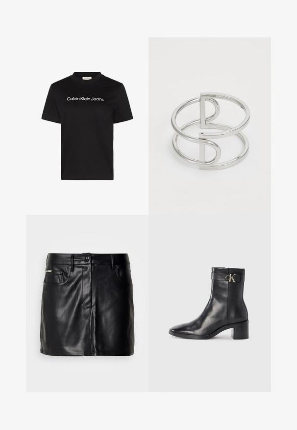 Sort T-shirt med korte ærmer med hvid "Calvin Klein Jeans" tekst centreret på brystet og rund halsudskæring.; Sort læder mini-nederdel med skræddersyet design, der har forlommer, knaplukning og en glat overflade.; Sort læder ankelstøvle med spids tå, blokhæl og en rem med en metallisk logo detalje. Glat tekstur og minimalistisk design.; Sølv metal armbånd med en dobbeltloopdesign, der har en glat, blank overflade og en minimalistisk geometrisk accent.