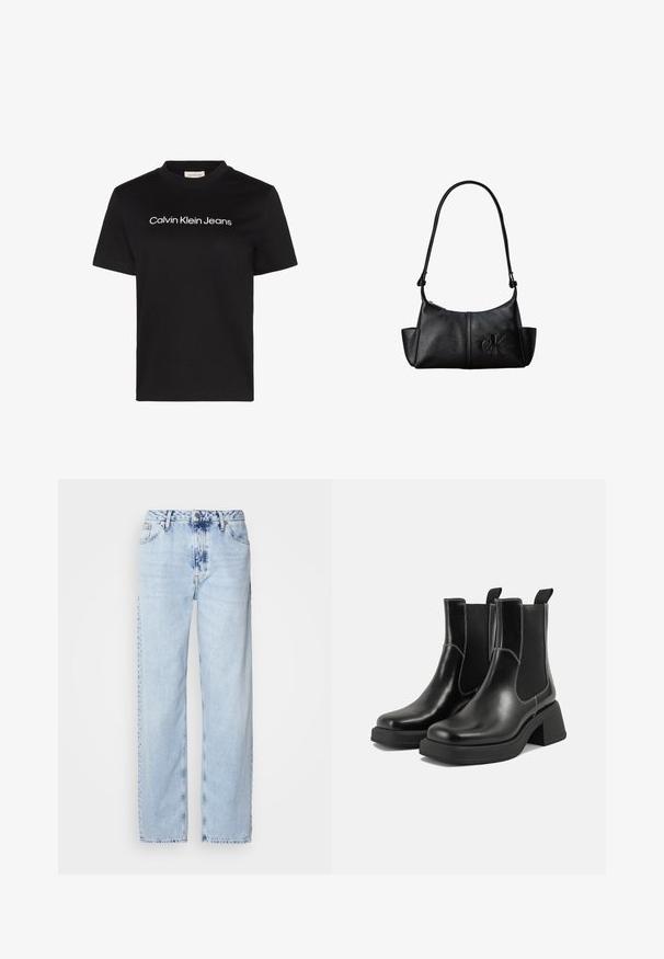 T-shirt noir à manches courtes avec texte blanc "Calvin Klein Jeans" centré sur la poitrine et col rond.; Jeans large bleus clairs en denim, avec une taille haute, un lavage décoloré et un motif tie-dye subtil à l'avant.; Bottes Chelsea en cuir noir avec un talon épais, des panneaux latéraux élastiques et des coutures blanches contrastantes. Fini texturé.; Sac à bandoulière en cuir noir avec une longue sangle, des poches latérales et le logo Calvin Klein embossé sur le devant.