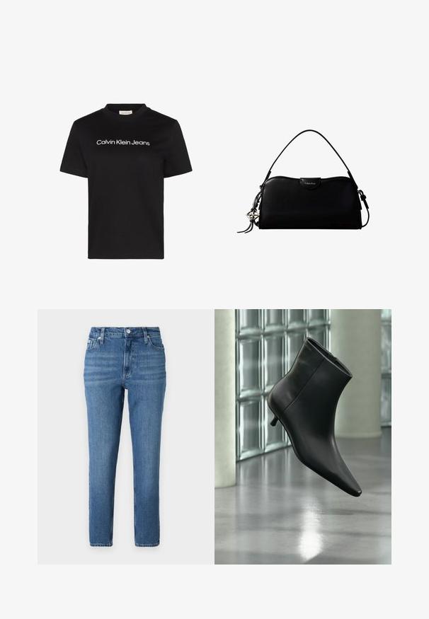 Camiseta negra de manga corta con texto blanco "Calvin Klein Jeans" centrado en el pecho y cuello redondo.; Jeans de mezclilla azul claro con cintura alta, diseño de pierna recta, estilo de cinco bolsillos y sutil desgaste. Cuenta con cierre de botón metálico y cremallera.; Botín negro de cuero con punta puntiaguda y tacón bajo estilo kitten, mostrado en ángulo sobre un suelo pulido y con una pared de bloques de vidrio de fondo.; Bolso rectangular negro de Calvin Klein con una única correa superior, dije con el logo plateado y un pequeño cierre de solapa en la parte frontal.