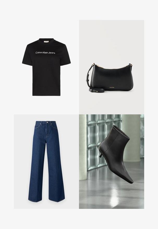 Čierne tričko s krátkym rukávom s bielym textom "Calvin Klein Jeans" umiestneným na strede hrudníka a okrúhlym výstrihom.; Džínsy s širokými nohavicami v tmavomodrom denime, ktoré majú klasický dizajn s piatimi vreckami, viditeľné švy a zapínanie na gombíky.; Čierna kožená členková obuv s ostrou špičkou a nízkym podpätkom, zobrazená na pozadí steny zo sklenených blokov a leštenej podlahy.; Čierna kožená taška na rameno Calvin Klein so zlatým zipsom a nastaviteľným popruhom na jednoduchom svetlom pozadí.