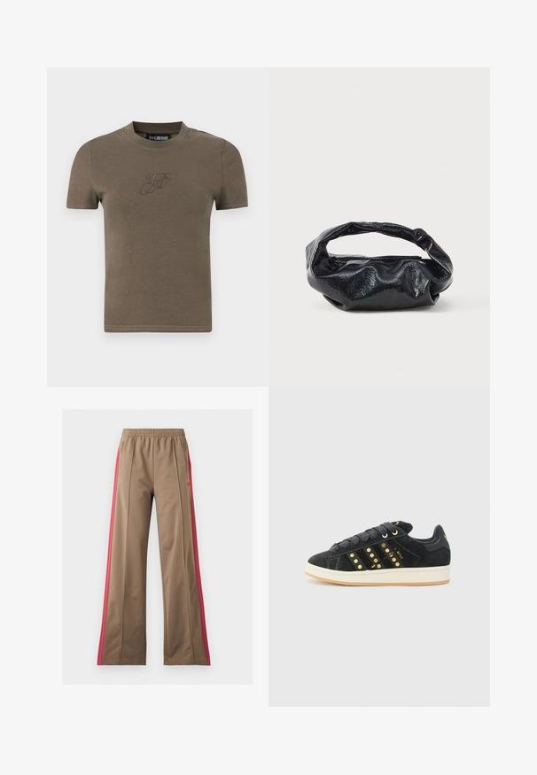 Enkelt brun kortærmet t-shirt med rund halsudskæring og diskret broderede initialer "H K" på brystet.; Brune vidde træningsbukser med elastisk talje og lyserøde side striber, med lynlåslommer på siden og et lille logo til venstre.; adidas Originals CAMPUS 00S W - Sneakers - core black/carbon/gold-coloured; Sort taske lavet af blankt, tekstureret materiale med et cirkulært, snoet håndtag og lynlås. Har et blødt, rynket design.