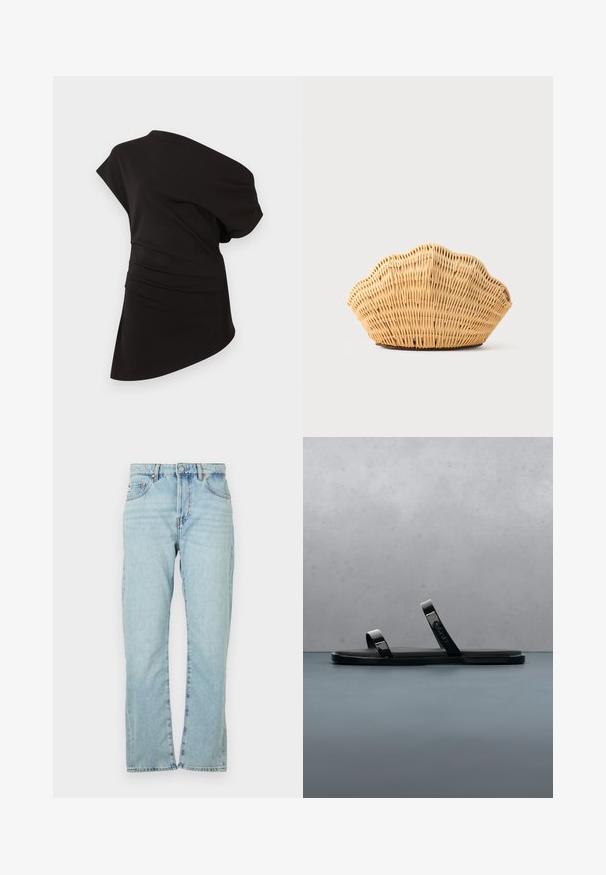 Sort asymmetrisk kortærmet top med rynket talje og et ærme længere end det andet, vist på en ensfarvet hvid baggrund.; Lyseblå denimjeans med lige ben-design. Har fem lommer, metalknaplukning og en let falmet tekstur.; Sort slidesandal med to blanke stropper på en struktureret træ- og grusoverflade udendørs nær grønt område og en betonvæg.; Vævet rattan håndtaske formet som en kammusling med naturlig lysebrun farve og afrundede, strukturerede kanter.