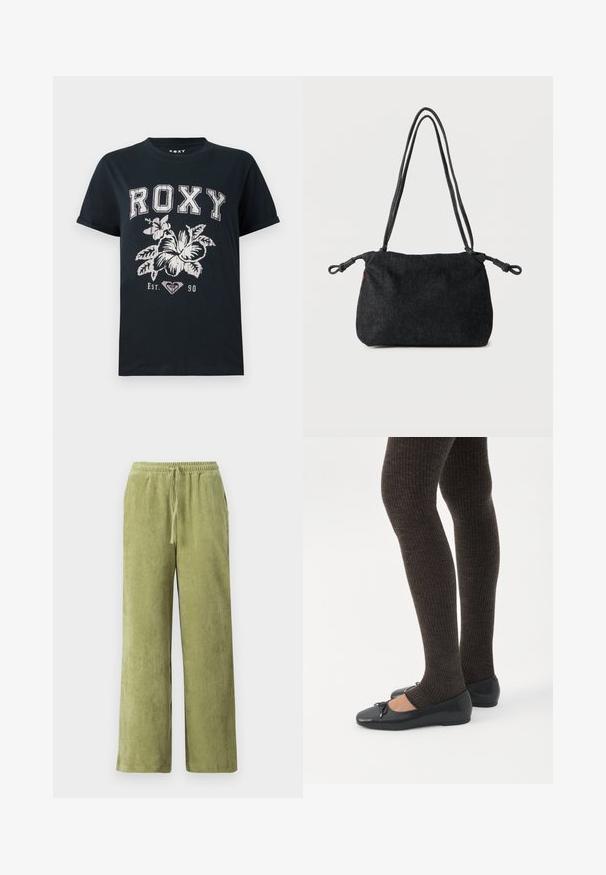 Camiseta de algodón negra con el texto "ROXY" en blanco, con un diseño floral y un símbolo de corazón. Mangas cortas y un corte relajado.; Pantalones de pana verde con un diseño de pierna ancha, cinturilla elástica y detalle de cordón. Las líneas verticales en la tela crean textura.; Piernas con leggings oscuros acanalados combinados con bailarinas negras que presentan pequeños detalles de lazo sobre un fondo blanco.; Bolso de hombro de mezclilla negra con correas dobles de cuerda y extremos anudados a cada lado, sobre un fondo blanco liso.