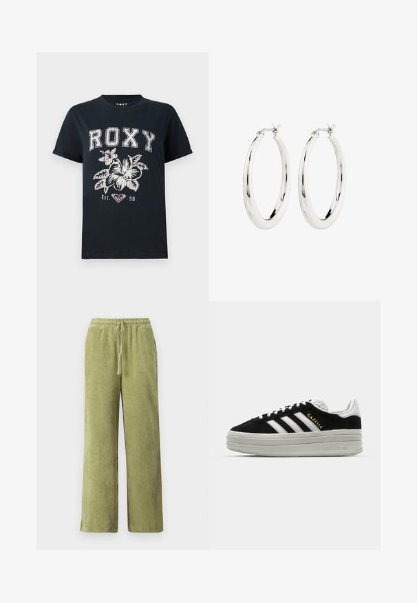 Sort bomulds T-shirt med teksten "ROXY" i hvid, med et blomsterdesign og et hjerte symbol. Korte ærmer og en afslappet pasform.; Grønne fløjl bukser med vidde, elastisk talje og snøre detaljer. Lodrette ribber i stoffet skaber tekstur.; Sort ruskind sneaker med hvide læderdetaljer, tre hvide striber, flade snørebånd og en tyk grå platformsål. Guldfarvet "Gazelle" branding.; Sølvøreringe i form af hoops med en glat, blank finish. Cirkulær form, der har en sikker lås. Simpelt og elegant design.