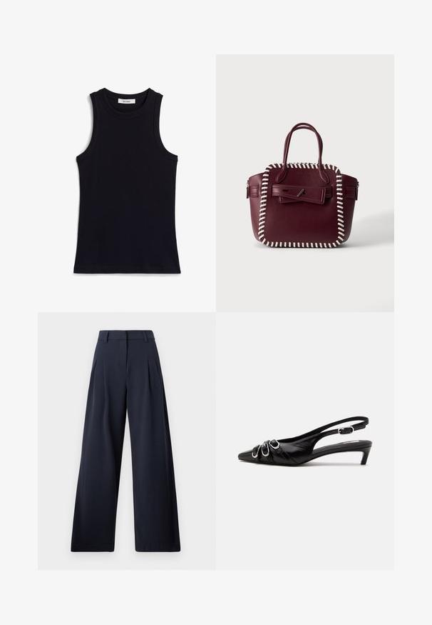 Un haut sans manches noir avec une texture côtelée, un col rond et une coupe régulière. L'étiquette indique "IVY OAK". Pas de motifs ou d'accents supplémentaires.; Pantalons larges navy avec une texture lisse, présentant des plis avant et une taille classique, conçu pour un ajustement décontracté.; Chaussure slingback en cuir noir avec bout pointu, trois boucles argentées à l'avant et petit talon kitten sur fond blanc.; Sac à main en cuir bordeaux avec bordure blanche cousue, doubles poignées et rabat avant sécurisé par une fermeture à épingle argentée.