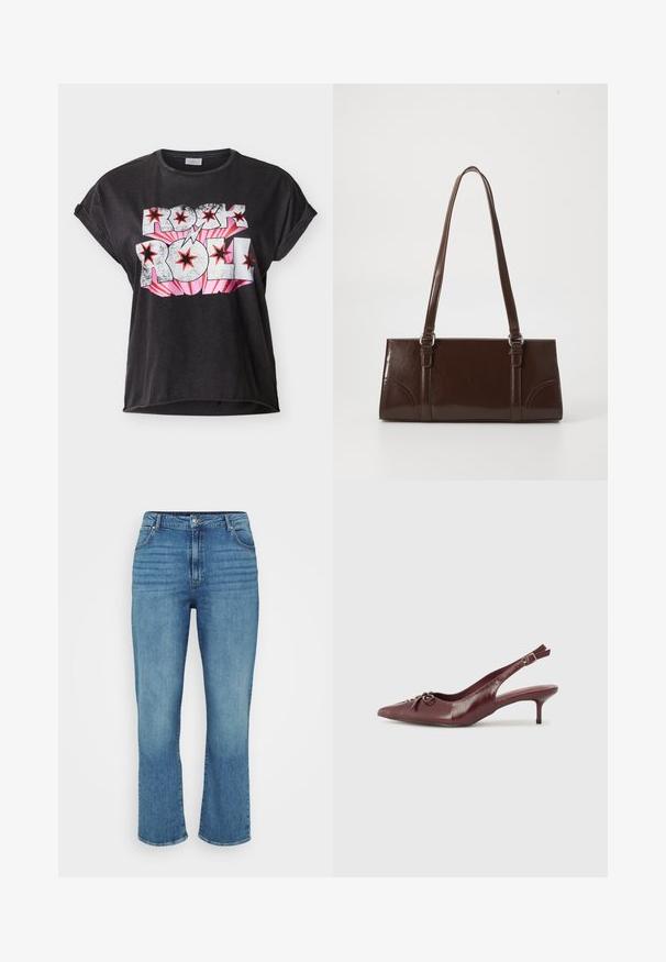 Sort T-shirt med korte ærmer og opsmøgede manchetter med teksten "Rock Roll" i hvid og pink, dekoreret med røde stjerner og et lyn-design.; Lysblå denimjeans med lige ben design, der har fem lommer, bæltestropper og subtil falming foran.; Bordeaux læder slingback hæl med spidse tå, justerbar rem og dekorativ sløjfedetalje foran. 7,5 cm hælhøjde.; Brun lakeret håndtaske med rektangulær form, to lange håndtag og subtile buede detaljer på fronten.