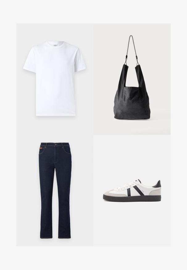 Weißes Baumwoll-T-Shirt mit Rundhalsausschnitt und kurzen Ärmeln. Einfaches Design ohne Muster oder Grafiken, mit GAP-Logo am Kragen.; Dunkelblaue Jeans mit geradem Bein, vorderem Knopf und Reißverschluss, Taschen vorne und hinten sowie braunen Nähten.; Weiße Sneaker mit schwarz- und grau-aczenten, ausgestattet mit einer strukturierten grauen Zehenkappe, schwarzer Gummi-Sohle und flachen weißen Schnürsenkeln. Sauberes Design, minimalistische Stil.; Schwarze weiche Stofftragetasche mit breiten Griffen und einem dünnen schwarz-weißen geflochtenen Schulterriemen.