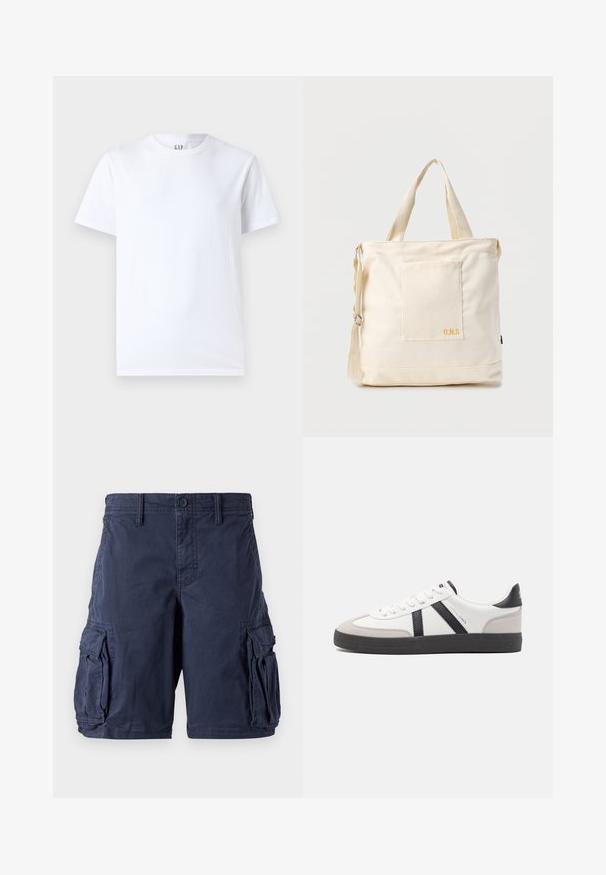 T-shirt en coton blanc avec un col rond et des manches courtes. Design simple sans motifs ni graphiques, avec le logo GAP sur le col.; Shorts cargo bleu marine en coton. Ils disposent de plusieurs poches latérales, d'une fermeture à bouton et d'une coupe décontractée. Texture lisse et design durable.; Baskets blanches avec des accents noirs et gris, présentant un embout texturé gris, une semelle en caoutchouc noir et des lacets plats blancs. Design épuré, style minimaliste.; Sac fourre-tout en toile crème avec poche avant, deux poignées, bandoulière réglable et petit texte jaune "O.N.S" en bas à droite de la poche.