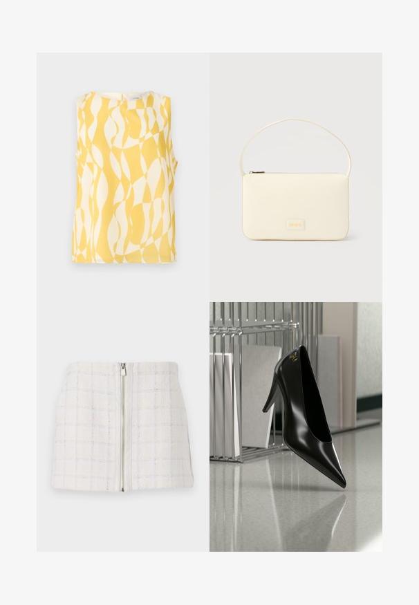 Blouse sans manches avec motif géométrique ondulé abstrait jaune et blanc, encolure ronde et fermeture par boutons dans le dos.; Mini jupe blanche texturée avec un motif à carreaux et des accents bleus, dotée d'une fermeture éclair à l'avant. Le tissu semble doux et légèrement structuré.; Chaussure noire à talon haut avec bout pointu et logo doré, posée sur une surface réfléchissante près d'un organiseur de dossiers en fil chromé contenant des documents.; Sac à main rectangulaire de couleur crème avec une seule sangle et une fermeture éclair sur le dessus, comportant une petite plaque de logo embossé à l'avant.