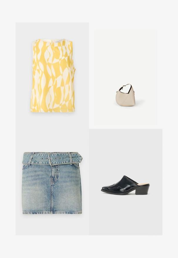Ærmeløs bluse med abstrakt gult og hvidt bølget geometrisk mønster, rund halsudskæring og knaplukning bagpå.; Denim miniskirt med en lys blå vask, som har en belagt talje med en metalspænde, fem lommer og subtil slid, der giver tekstur.; Sorte patenterede lædermuler med spids tå, en buet design og en lav blokhæl, der har dekorativ syning langs overdelen.; Beige læder håndtaske i halvmåneform med en enkelt skulderrem og minimal syning, sat mod en ensartet hvid baggrund.