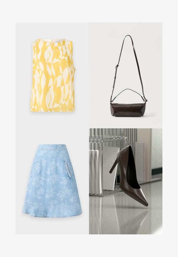 Ærmeløs bluse med abstrakt gult og hvidt bølget geometrisk mønster, rund halsudskæring og knaplukning bagpå.; Denim A-linje nederdel i lys blå med subtilt blomstermønster, som har to sidelommer og en glat, kantet finish.; Mørkebrunt læderhæl med høj hæl, der svæver over en reflekterende gulvplade nær en metalhylde med hvide paneler i et rum.; Lille blank mørkebrun læder skuldertaske med justerbar rem, top håndtag og gyldent lynlås lukning.