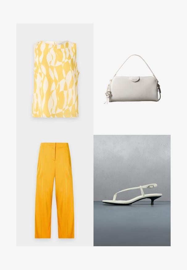 Blouse sans manches avec motif géométrique ondulé abstrait jaune et blanc, encolure ronde et fermeture par boutons dans le dos.; Pantalons large jaunes éclatants en tissu lisse, avec un design épuré comprenant des plis à l'avant et une taille plate.; Sandale blanche à talon kitten avec des lanières et un bout pointu, flottant au-dessus d'un sol en carrelage en bois en plein air avec un arrière-plan flou de plante et de mur.; Sac à main rectangulaire blanc Calvin Klein avec une seule poignée, design minimaliste et pampilles décoratives avec un charm métallique géométrique sur le côté.
