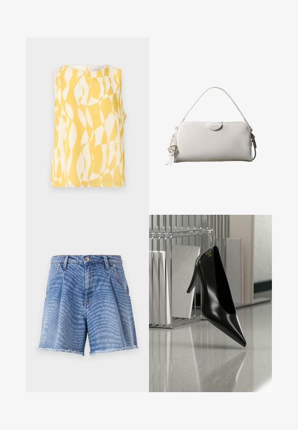 Ærmeløs bluse med abstrakt gult og hvidt bølget geometrisk mønster, rund halsudskæring og knaplukning bagpå.; Lysblå denimshorts med en falmet vask, der har et gentaget "JOOP! JEANS" print over det hele. Den frynsede kant tilføjer tekstur.; Sort højhælet sko med spids tå og guldlogo, placeret på en reflekterende overflade nær en krom trådfilholder med dokumenter.; Hvid rektangulær Calvin Klein håndtaske med enkelt håndtag, minimalistisk design og dekorative kvaster med geometrisk metalvedhæng på siden.