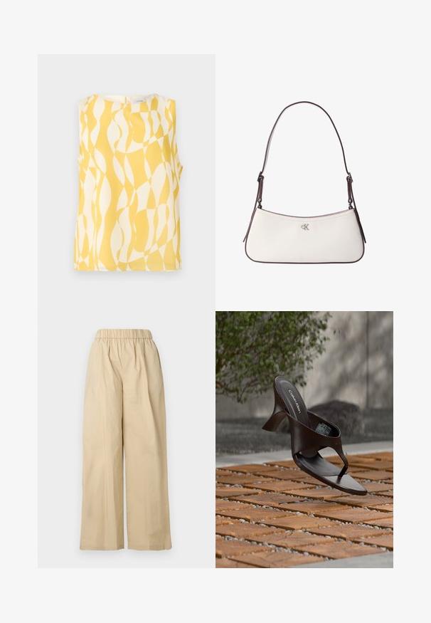 Ærmeløs bluse med abstrakt gult og hvidt bølget geometrisk mønster, rund halsudskæring og knaplukning bagpå.; Beige bukser med vidde ben, elastisk talje, fladt forstykke og blød stofstruktur. Har et løstsiddende design for komfort.; Brun Calvin Klein hælet thong sandal svævende over træflise og grus udendørs med sløret grønt og stenmur i baggrunden.; Hvid skuldertaske i læder med mørkebrun kant og justerbar rem, med lille sølvfarvet "cK" logo midt på fronten.