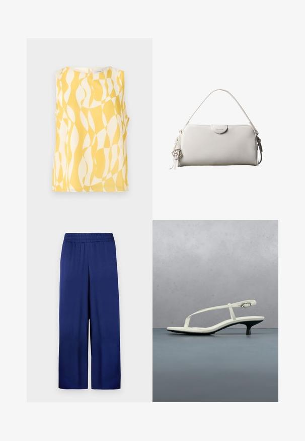 Blusa sin mangas con patrón geométrico ondulado abstracto en amarillo y blanco, escote redondo y cierre con botones en la espalda.; Pantalones de pierna ancha en azul marino con una cintura elástica, fabricados en tela suave, que presentan un diseño simple y funcional sin patrones visibles.; Sandalia blanca de tacón kitten con tiras y punta afilada, flotando sobre un suelo de baldosas de madera al aire libre, con un fondo desenfocado de plantas y pared.; Bolso rectangular blanco de Calvin Klein con un solo asa, diseño minimalista y borlas decorativas con un charm metálico geométrico en el lateral.