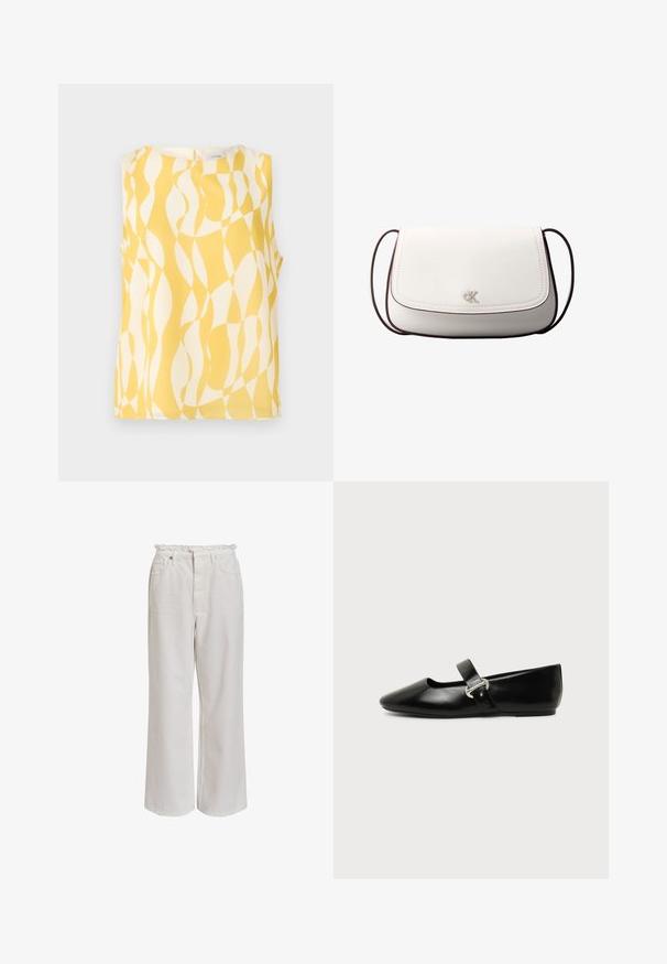 Ærmeløs bluse med abstrakt gult og hvidt bølget geometrisk mønster, rund halsudskæring og knaplukning bagpå.; Hvide bukser med brede ben, der har en flæse waistband, forlommer og en glat, blød tekstur. Fremstillet af letvægts bomuldsstof.; Sort læder Mary Jane-flad sko med rundet tå og sølvspænde på ensfarvet baggrund.; Hvid skuldertaske med klaplukning, lille sølv "cK" logo i midten og tynd, justerbar, mørkebrun rem.
