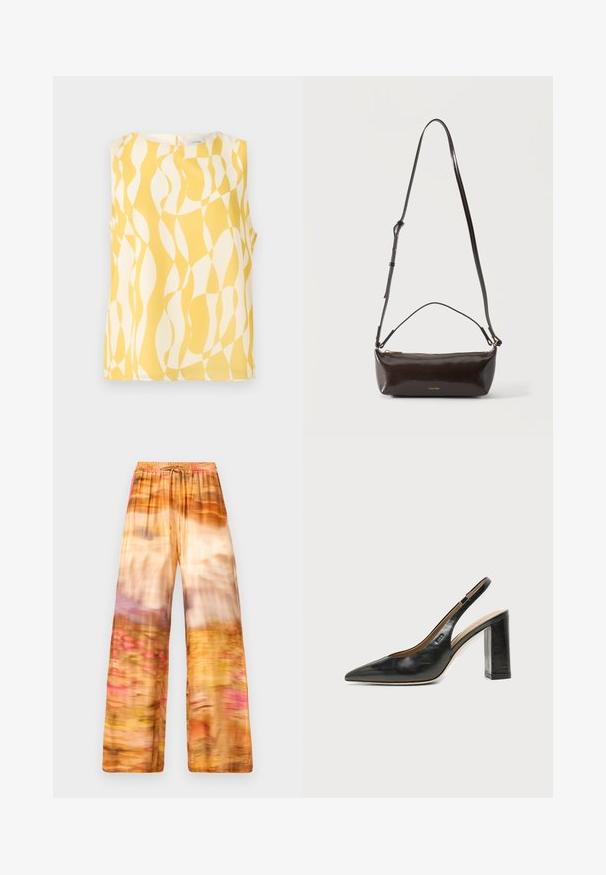 Blusa sin mangas con patrón geométrico ondulado abstracto en amarillo y blanco, escote redondo y cierre con botones en la espalda.; Pantalones de pierna ancha en tejido ligero con un patrón abstracto fluido en tonos cálidos de naranja, amarillo y rosa, con una cinturilla elástica.; Zapato slingback de piel negra con puntera puntiaguda, tacón alto y ancho, y forro interior beige sobre un fondo claro y liso.; Pequeño bolso de hombro de cuero marrón oscuro brillante con correa ajustable, asa superior y cierre de cremallera dorado.