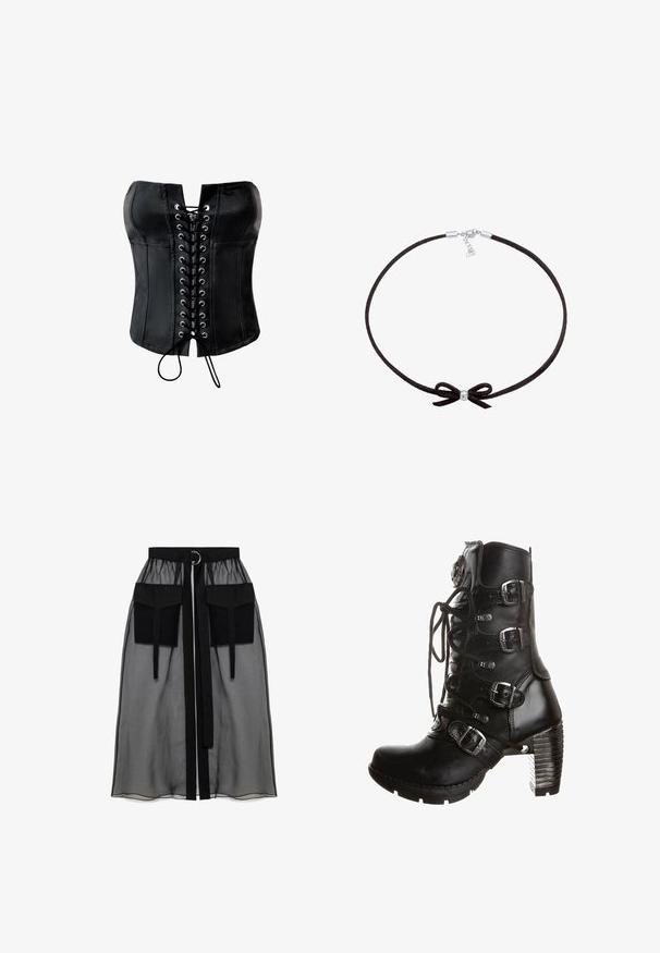 Corset en satin noir avec une forme structurée, devant lacé avec des œillets argentés et une finition lisse. Dispose d'un décolleté droit sans bretelles.; Jupe noire transparente avec une taille froncée, dotée de deux grandes poches avant, d'une ceinture à nouer et d'un accent en métal circulaire.; Botte mi-haute en cuir noir avec laçage à l'avant, quatre brides à boucles argentées, et un talon épais empilé.; Choker en suède noir avec une petite perle centrale en argent et un détail en nœud, muni d'un fermoir simple avec une chaîne ajustable.