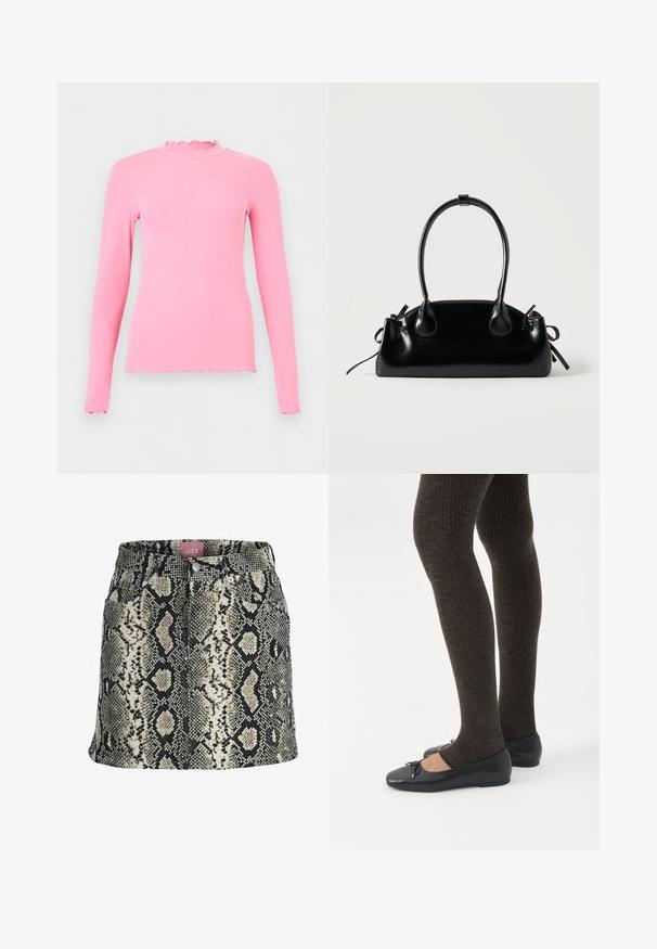 Roze ribgebreide longsleeve met gerimpelde randen aan de kraag, manchetten en zoom, afgebeeld tegen een effen lichte achtergrond.; Zwart, beige en wit mini-rok met een A-lijn en een faux slangenhuidpatroon, voorzien van steekzakken aan de voorkant en een tailleband met knopen.; Benen met donkere geribbelde leggings gecombineerd met zwarte ballerina's met kleine strikdetails op een witte achtergrond.; Kleine zwarte glanzende handtas met twee lange hengsels en zijkant trekkoord details op een effen lichte achtergrond.