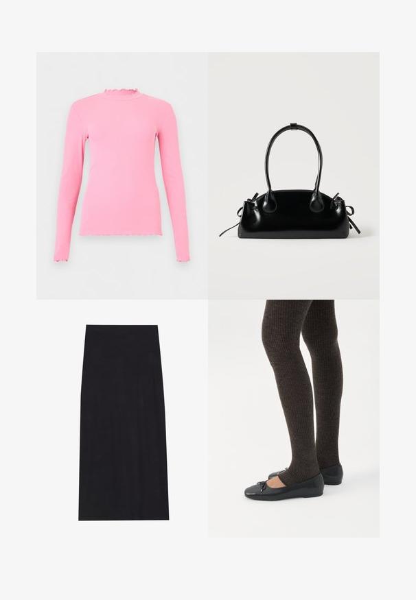 Haut rose à manches longues en maille côtelée avec bords volantés au col, aux poignets et à l’ourlet, présenté sur un fond clair uni.; Jupe midi noire en tissu doux et extensible. Présente une silhouette droite et une taille élastique pour un ajustement confortable.; Jambes portant des leggings côtelés foncés associés à des ballerines noires avec de petits détails en nœud sur fond blanc.; Petit sac à main noir brillant avec deux longues anses et des détails à cordon sur les côtés sur un fond clair uni.