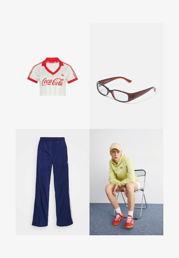 Hvid cropped top med rød krave og manchetter, røde Adidas-striber på ærmerne og rød Coca-Cola-logo på brystet.; Marineblå træningsbukser med elastisk talje, lige ben og sidelommer med lynlås. Har hvid piping langs siderne. Glat stofstruktur.; Lysegrøn hættetrøje med logo, hvide shorts, røde sneakers med hvide striber, siddende på en krom foldebænk mod en neutral baggrund.; Brune-farvede rektangulære briller med en glat overflade, der har slanke arme og gennemsigtige linser. Logoet er synligt på venstre temple.
