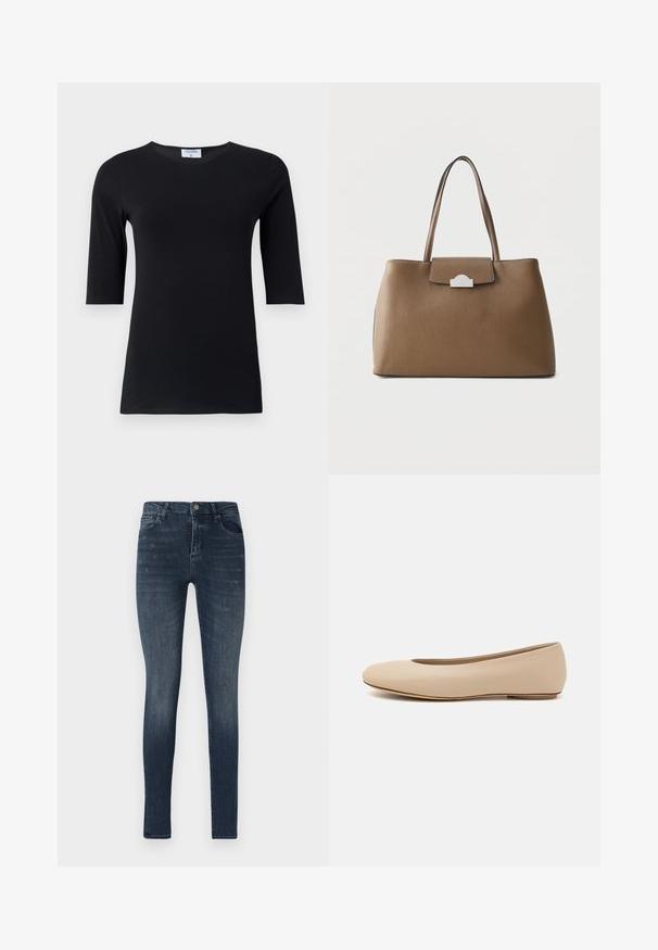Sort langærmet top lavet af blød, strækbar stof. Har en rund halsudskæring og en tætsiddende silhuet med mellemlange ærmer.; Slanke denim jeans i mørkeblå, med fem lomme-design, let slidser og en knaplukning i taljen.; Beige læder balletflade med afrundet tå, minimal sømdetaljering, lav hæl og subtilt logo på bagsiden. Glat, mat tekstur.; Brun lædertaske med to håndtag og en lille sølvspænde på frontklappen, sat mod en ensfarvet baggrund.