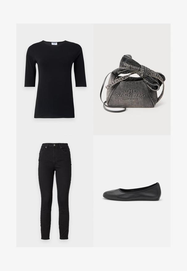 Schwarzes Langarmshirt aus weichem, dehnbarem Stoff. Hat einen runden Ausschnitt und eine taillierte Silhouette mit Ärmeln in mittlerer Länge.; Schwarze, eng geschnittene Jeans aus Denim mit hoher Taille, featuring Fronttaschen, einem Knopfverschluss und dezenten Steppnähten an den Nähten.; Schwarze Leder-Ballettschuhe mit abgerundeter Spitze, glatter Textur, minimalen Nähdetails und einem flexiblen Sohlen-Design.; Schwarze Denim-Handtasche mit einer großen, gebundenen Schleife und Schulterriemen, vorne mit "THE SACK BAG MARC JACOBS" bestickt.