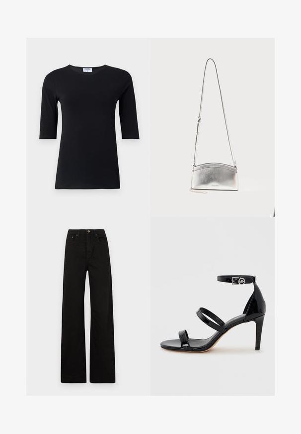 Schwarzes Langarmshirt aus weichem, dehnbarem Stoff. Hat einen runden Ausschnitt und eine taillierte Silhouette mit Ärmeln in mittlerer Länge.; Schwarze weit geschnittene Jeans aus robustem Stoff. Mit einem Frontknopfverschluss, Gürtelschlaufen und zwei vorderen Taschen. Glatte, einheitliche Textur.; Schwarze Sandale aus Lackleder mit hohem Absatz, drei dünnen Riemen und einem Knöchelriemen mit runder Schnalle.; Silberne Metallic-Umhängetasche mit verstellbarem Riemen und dezentem Logo auf der Vorderseite vor hellem, einfarbigem Hintergrund.