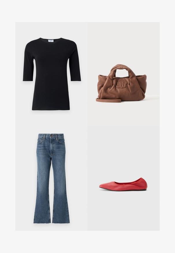 Haut noir à manches longues fabriqué en tissu doux et extensible. Dispose d'un col rond et d'une silhouette ajustée avec des manches de longueur intermédiaire.; Jean flare en denim de lavage bleu moyen avec une taille haute, présentant un style traditionnel à cinq poches et un ourlet effiloché en bas.; Filippa K REY FLATS - Ballerines - bright red; Sac à main en cuir marron doux avec des poignées courtes, un logo brodé à l'avant et une longue bandoulière amovible sur un fond clair uni.