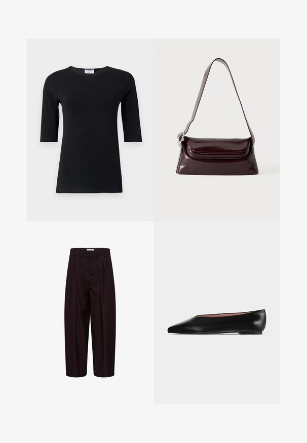 Haut noir à manches longues fabriqué en tissu doux et extensible. Dispose d'un col rond et d'une silhouette ajustée avec des manches de longueur intermédiaire.; Pantalon noir tailleur à jambes larges avec plis devant, passants de ceinture et boutons latéraux à la ceinture.; Chaussure plate en cuir noir pour femme, avec bout pointu et petit talon, vue de côté sur un fond gris clair uni.; Sac à bandoulière en cuir bordeaux foncé avec fermeture à rabat et une fine sangle réglable, présenté sur un fond clair uni.