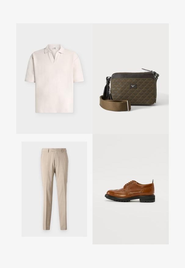 Korte mouw, lichtbeige poloshirt met getextureerde stof, open V-hals kraag en geen zichtbare knopen, gepresenteerd tegen een effen achtergrond.; Beige tapschoenen gemaakt van lichtgewicht stof, met voorplooien, twee zijzakken en een gladde textuur.; Bruine leren oxford schoen met wingtip ontwerp, ronde neus, gedetailleerde broguing en zwarte rubberen zool. Voorzien van vetersluiting en een trekhaak.; Kleine rechthoekige bruine crossbodytas met patroonstructuur, frontlogo-patch, ritssluiting en brede verstelbare riem.