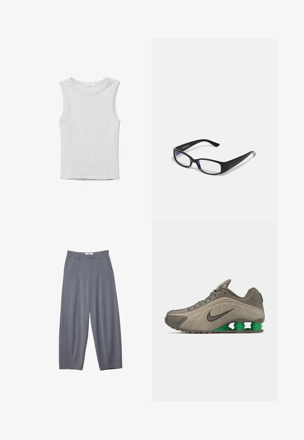 Bezruký svetlosivý krátky top s okrúhlym výstrihom, vyrobený z mäkkej pletenej látky.; Stradivarius SMART BAGGY WITH SEAM DETAIL - Nohavice - grey; Nike tenisky v olivovo zelenej farbe s hladkým povrchom, perforovanými detailmi, čiernymi akcentmi a zeleným polstrovaním na päte. Ľahký, aerodynamický dizajn.; Čierne obdĺžnikové okuliare s priehľadnými šošovkami. Lesklý povrch, úzke ramená a fialový nádych viditeľný na okrajoch šošoviek.