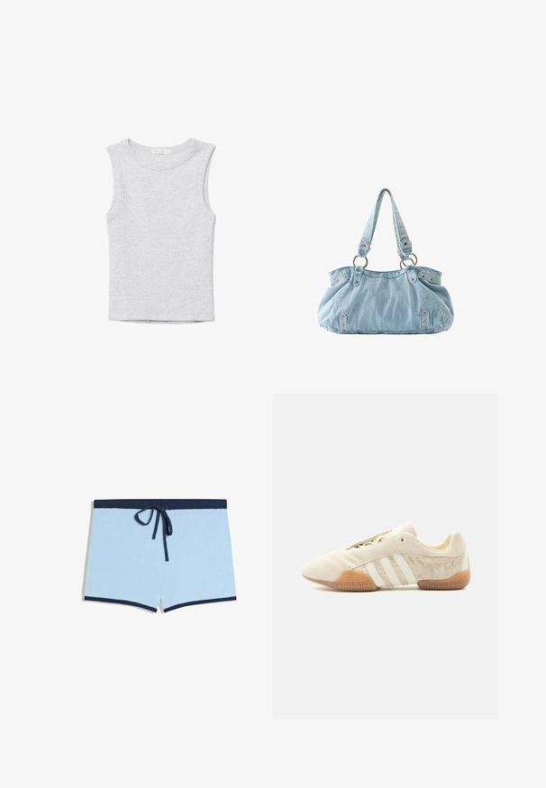 Débardeur court gris clair sans manches avec encolure ronde, en tissu tricoté doux.; Short en tricot bleu clair avec taille bleu foncé, cordon de serrage et bordure aux ouvertures des jambes, présenté à plat sur fond blanc.; Baskets beige profil bas avec trois bandes blanches, panneaux latéraux en suède texturé, semelle en gomme et fermeture à lacets sur fond uni.; Sac à main en denim bleu clair avec deux bretelles attachées à des anneaux métalliques et des rivets décoratifs à l'avant et sur les côtés.