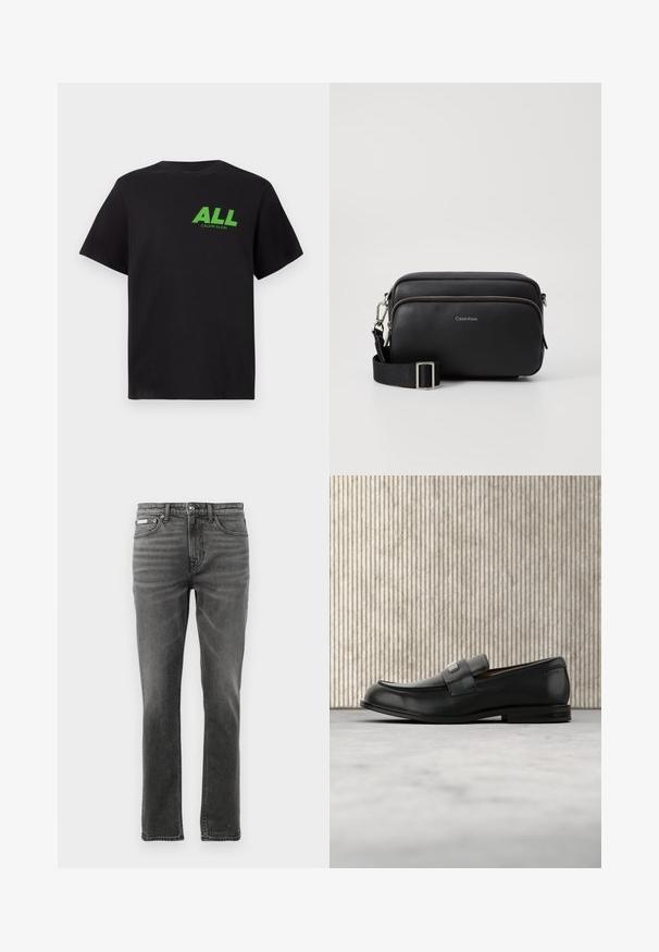 T-shirt noir à manches courtes avec le texte vert "ALL" et un logo "Calvin Klein" plus petit imprimé sur le haut à gauche de la poitrine.; Jean en denim gris foncé avec une coupe droite, design à cinq poches, motifs de dégradé subtils et accents en métal au niveau de la taille.; Mocassin en cuir noir avec une plaque de marque en métal reposant près d'une table ronde marron sur un sol recouvert de moquette beige.; Sac en cuir noir à bandoulière avec deux compartiments zippés, finition texturée, sangle ajustable et accents en métal argenté. Logo Calvin Klein affiché.