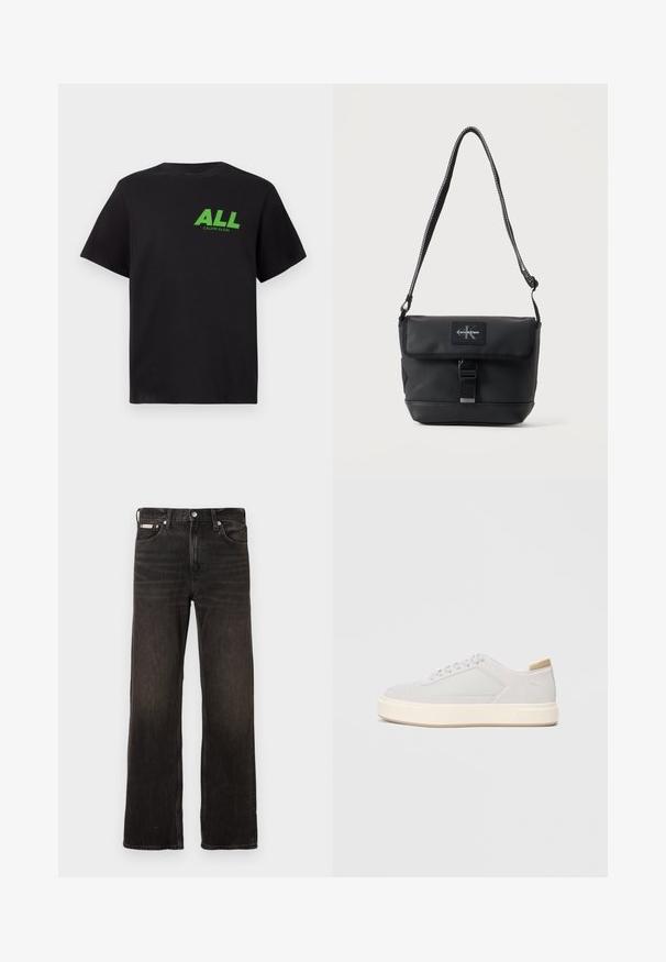 Čierne tričko s krátkym rukávom s zeleným nápisom "ALL" a menším logom "Calvin Klein" potlačeným na hornej ľavej strane hrude.; Čierne džínsy s rovnými nohavicami, so zmillnnovaným vzhľadom, štýlovými piatimi vreckami a kovovým zapínaním. Obsahujú jemné jemné rysy.; Svetlošedé tenisky s hladkým syntetickým zvrškom, okrúlym špičkou a štruktúrovanou krémovou medzipodrážkou. Svetlé béžové akcenty na päte.; Čierna Calvin Klein kabelka na rameno s nastaviteľným popruhom, predným chlopňou, zapínaním na pracku a viditeľným logom značky.
