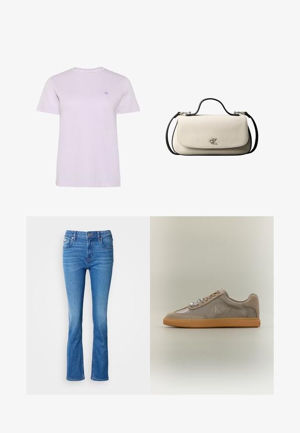 Lyse lilla T-shirt med korte ærmer og rund halsudskæring med lille broderet "cK"-logo på venstre bryst, vist mod hvid baggrund.; Blå denim flared jeans med en mellemhøj talje, der har et klassisk fem-lomme design og en subtil affadet tekstur ved knæene.; Beige lavtop sneakers med gummisål, ruskinddetaljer, satin snørebånd og "cK" logo på siden mod en ensfarvet baggrund.; Cremefarvet rektangulær håndtaske med sort rem og håndtag, foran klaplukning samt lille sølvfarvet "cK" logo midt foran.