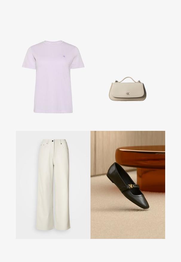 T-shirt violet clair à manches courtes et col rond avec un petit logo "cK" brodé sur la poitrine gauche, présenté sur un fond blanc.; Pantalons larges de couleur crème en tissu lisse. Dotés d'une taille mi-haute, d'une fermeture éclair et de deux poches avant avec des accents en matériel noir.; Chaussure plate en cuir noir avec bout pointu et logo CK doré sur la bride, posée sur un tapis beige près d'une table ronde couleur ambre brun.; Petit sac à main en cuir beige avec poignée supérieure et logo CK argenté sur le rabat avant, présenté sur fond blanc.