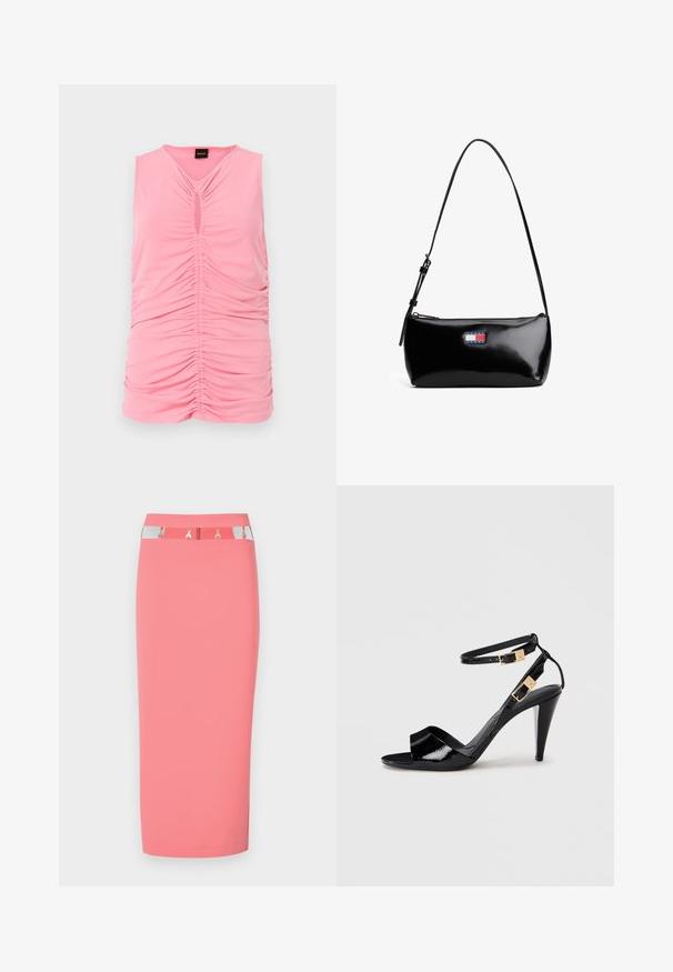 Ærmeløs pink top lavet af blødt stof, med rynket tekstur og en nøglehuludskæring ved halsen. Glat, tætsiddende design.; Lyserød blyantskirt lavet af strækbart stof, med en sølv- og sort talje med metalforstærkninger og et sofistikeret, tætsiddende design.; Sorte patentlæder højhælede sandaler med dobbelte ankelremme og guldspænder, åben tå og slank taperet hæl på neutral baggrund.; Sort patenteret læder skuldertaske med en buet rem, lynlåslukning og et rektangulært logo patch i rød, hvid og blå.