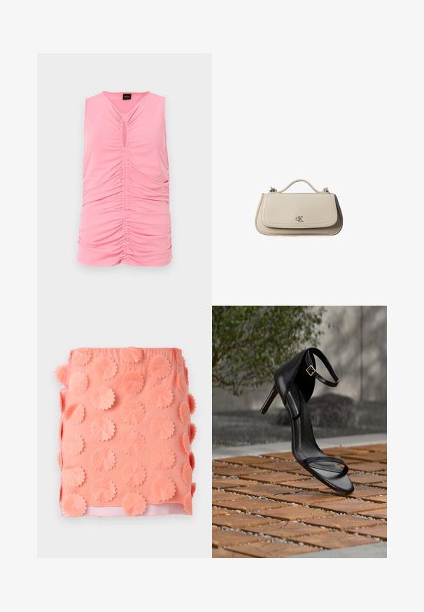 Haut sans manches rose en tissu doux, avec une texture froncée et une ouverture en forme de clé au niveau du col. Design lisse et ajusté.; Jupe courte rose corail avec des appliques florales circulaires superposées couvrant le tissu.; Sandale noire à talon haut avec sangle à la cheville, suspendue au-dessus d'un sol en carreaux de bois à l'extérieur, avec un arrière-plan flou de verdure et de pierre.; Petit sac à main en cuir beige avec poignée supérieure et logo CK argenté sur le rabat avant, présenté sur fond blanc.