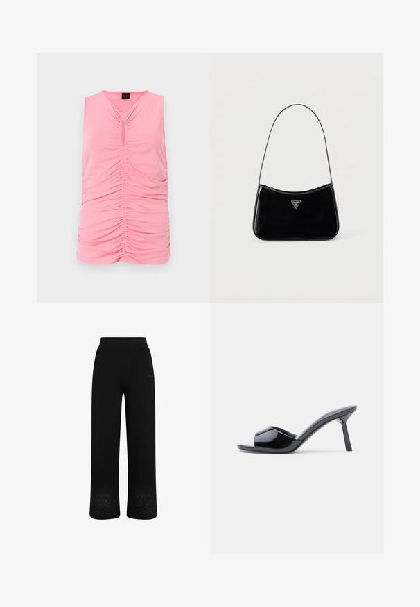 Ærmeløs pink top lavet af blødt stof, med rynket tekstur og en nøglehuludskæring ved halsen. Glat, tætsiddende design.; Sorte sweatpants med vidde ben, elastisk talje og blomsterbroderi nederst. Fremstillet af blødt, strækbart stof.; Sorte laklæder sandaletter med åben tå, der har et buet overdesign og en spids stilethæl. Glat, blank finish.; Sort skuldertaske i laklæder med tynd rem, trekantet Guess-logo foran og lynlåslukning i toppen.