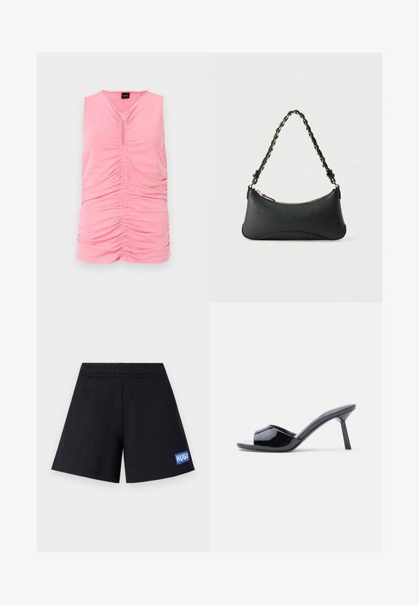 Ærmeløs pink top lavet af blødt stof, med rynket tekstur og en nøglehuludskæring ved halsen. Glat, tætsiddende design.; Sorte shorts med en afslappet pasform, elastisk talje og blå "HUGO" logo på venstre lår; lavet af blødt, åndbart materiale.; Sorte laklæder sandaletter med åben tå, der har et buet overdesign og en spids stilethæl. Glat, blank finish.; Sort skuldertaske i læder med en buet rektangulær form, gyldent kæde vævet ind i en flettet sort rem og toplynlås.
