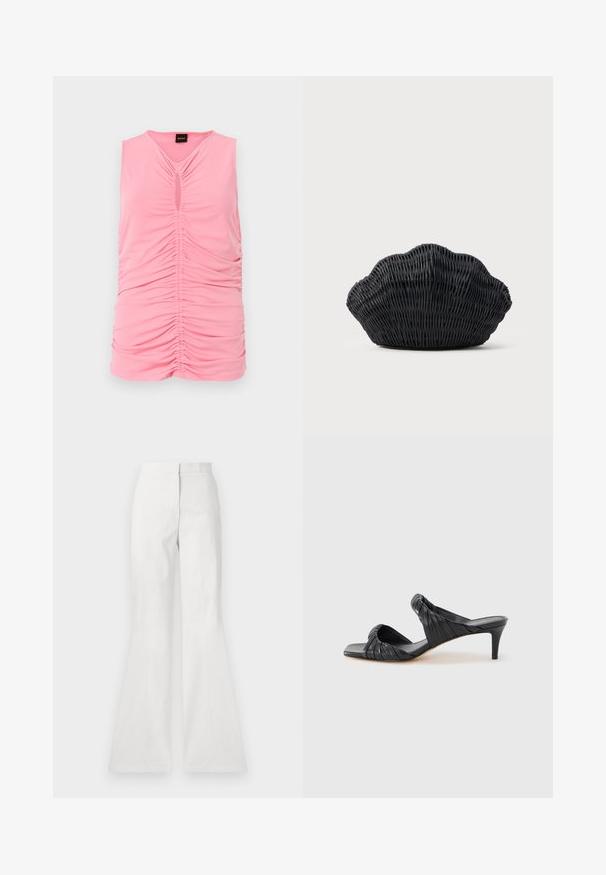 Top sin mangas de color rosa, hecho de una tela suave, con textura fruncida y un corte en forma de ojo de cerradura en el escote. Diseño suave y ajustado.; Pantalones acampanados blancos hechos de tejido ligero, con una textura suave, detalle de costura frontal y una cinturilla ajustada.; Sandalias negras con tacón y puntera cuadrada, hechas de cuero liso. Presentan tiras fruncidas y un tacón delgado para mayor elevación.; Bolso de mimbre negro con forma de concha de vieira con parte superior curva y textura tejida sobre un fondo liso.